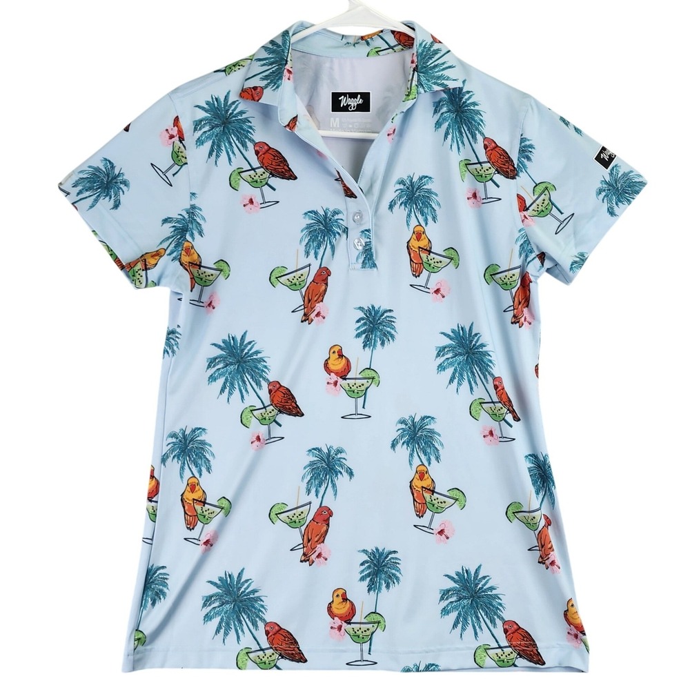Waggle Parrot Cocktail Polo Shirt Womens M Light Blue Tropical Golf Performance‎